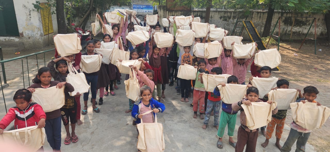 Students with school bags and stationery
